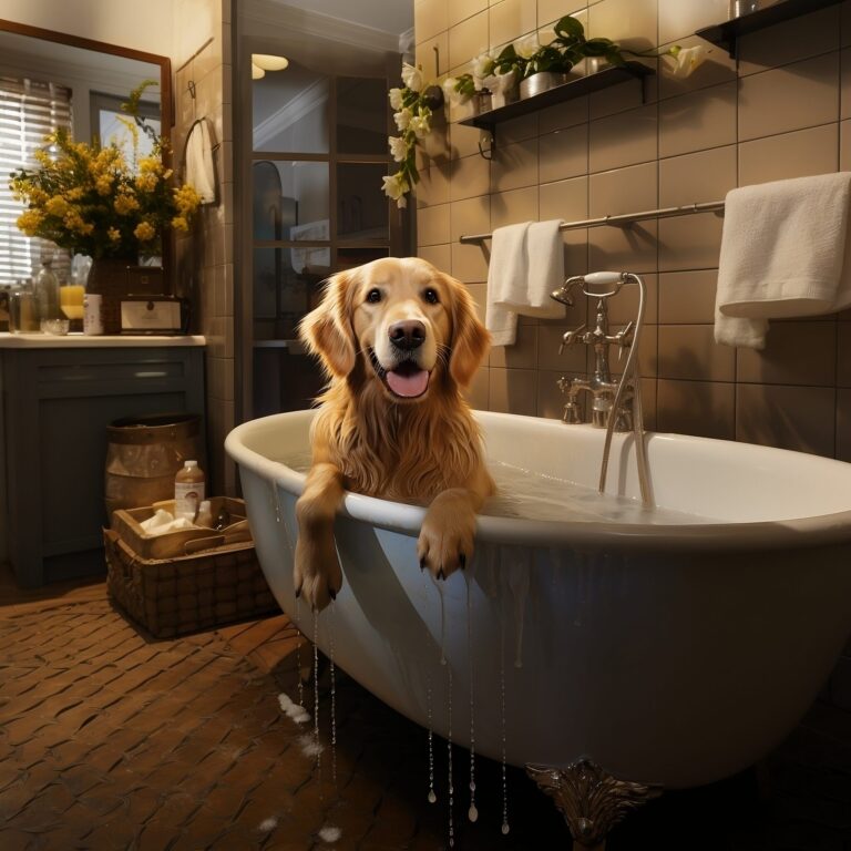 A well-trained Golden Retriever getting groomed in the bath