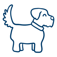 A simple blue line-art icon of a small fluffy dog with a raised tail, used to represent the Therapy Dog Development program.